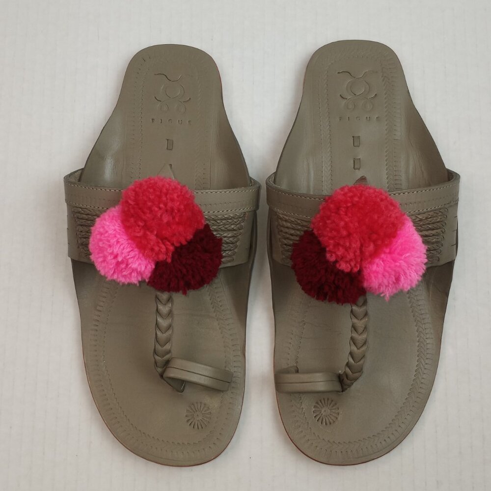 Figue Gray Leather Pom Pom Slip On Thong Sandals